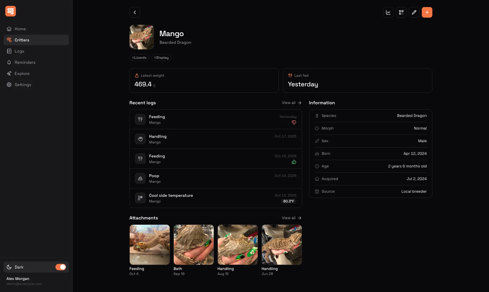 A bearded dragon's profile in the LizardBox web app in dark mode, showing its latest weight, recent logs, details and photo attachments