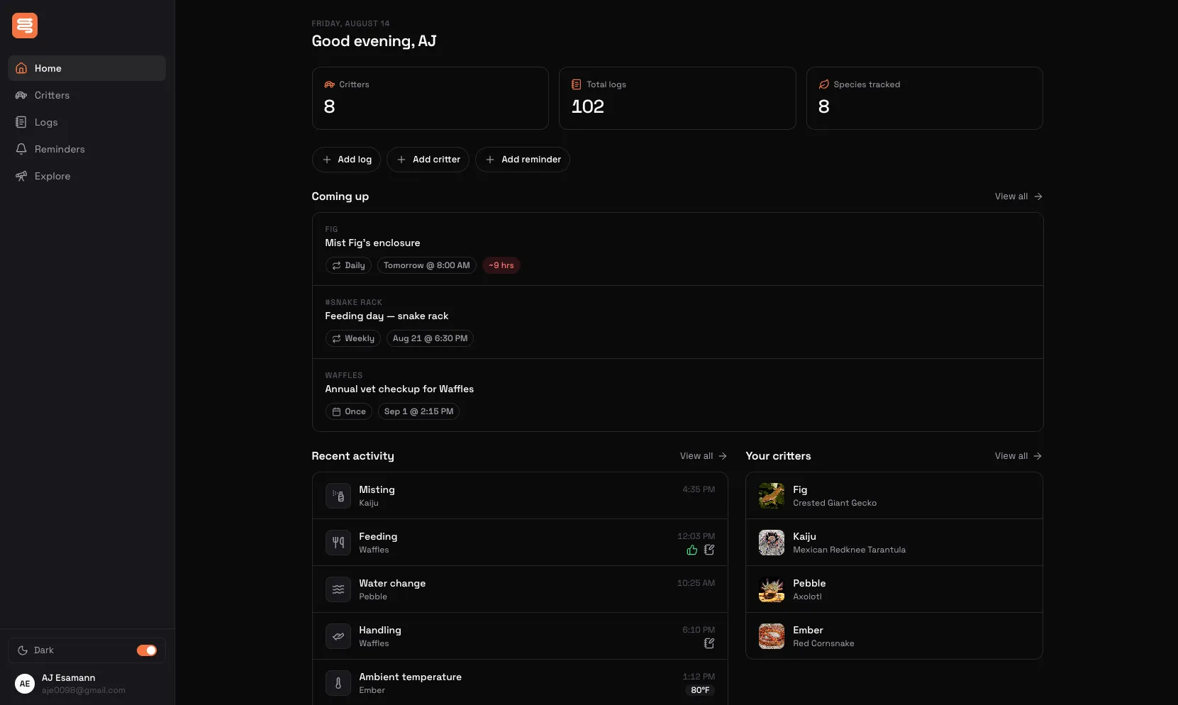The LizardBox web dashboard in dark mode, showing upcoming care reminders, recent activity and a critter list