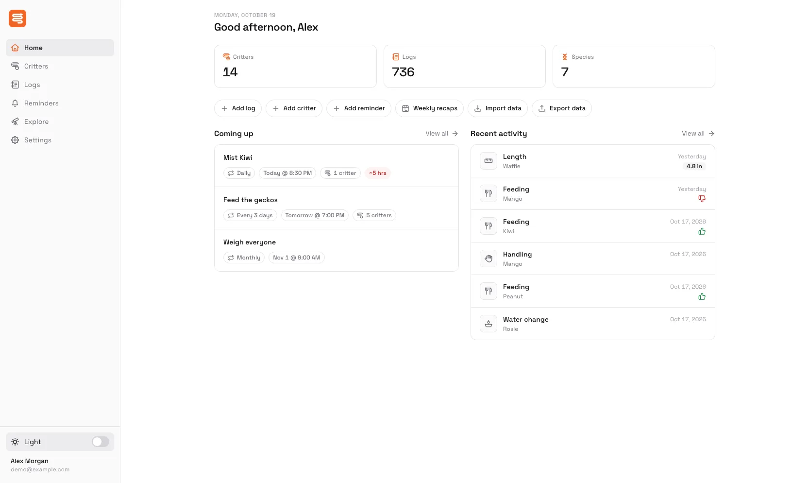 The LizardBox web dashboard showing upcoming care reminders and recent activity