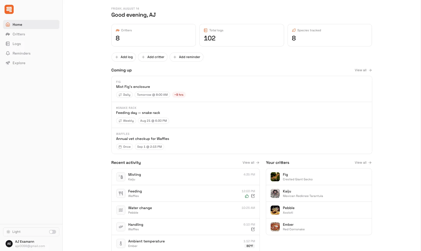 The LizardBox web dashboard showing upcoming care reminders, recent activity and a critter list